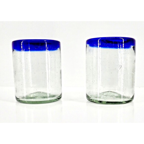 Cobalt Blue Hand Low Ball Drinking Glasses Set of 2 Hand Blown Heavy 4" Tall - Picture 2 of 8